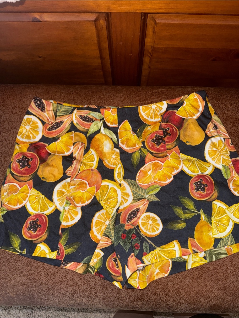Gianni Bini Navy Shorts with Yellow & Green Tropical Print